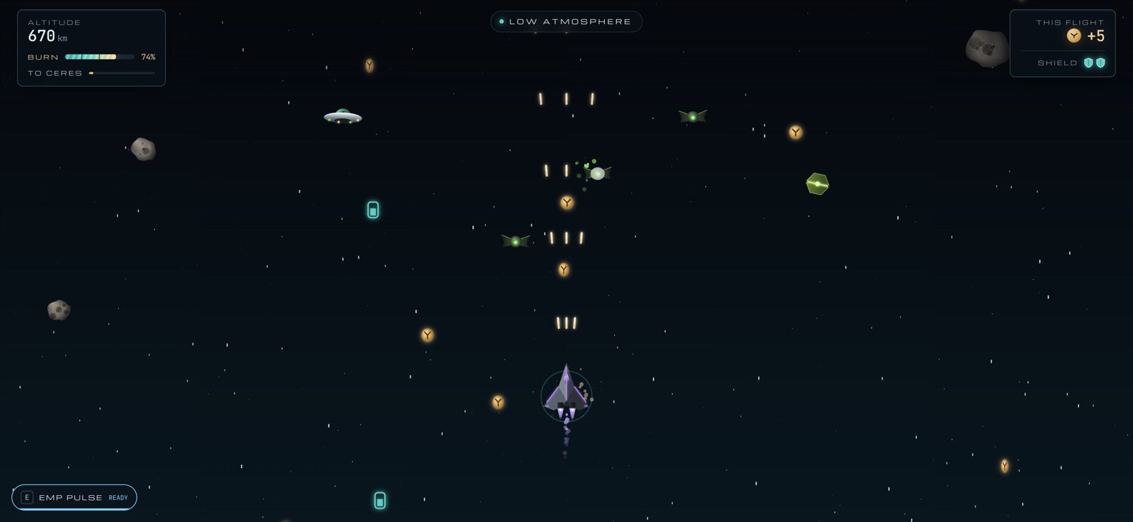 Y-Launch gameplay: the Dark Matter interceptor fires a three-way spread at alien drones, with a saucer and a splitter overhead
